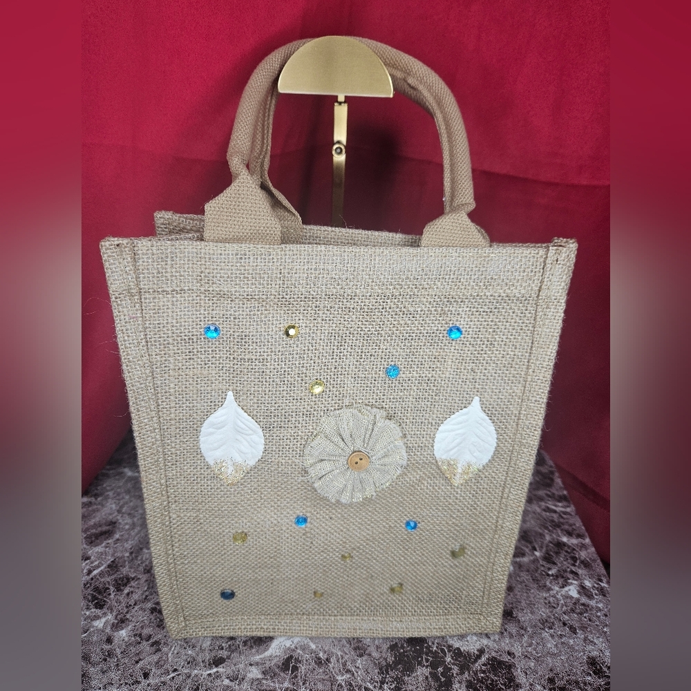 NWOT Natural Burlap Reusable Jute Tote Bag W Cotton Handles 11x9.4x4